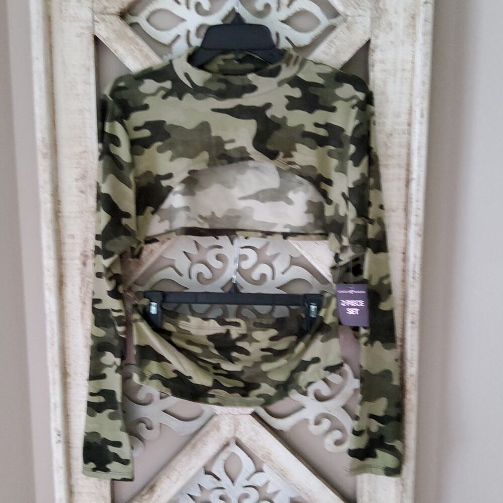 Almost Famous Juniors Soft Camo 2 Piece Tube Top & Long Sleeve Mock Crop Top